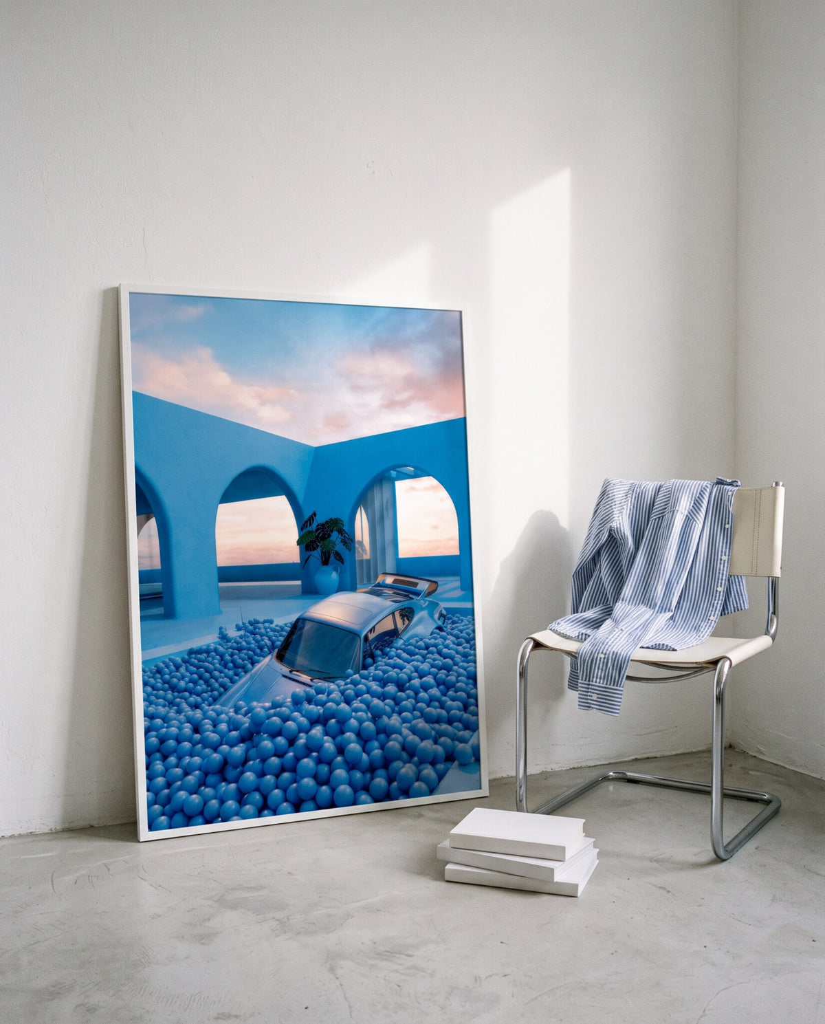 AZUR 01 in large format leaning on the floor next to a chrome chair