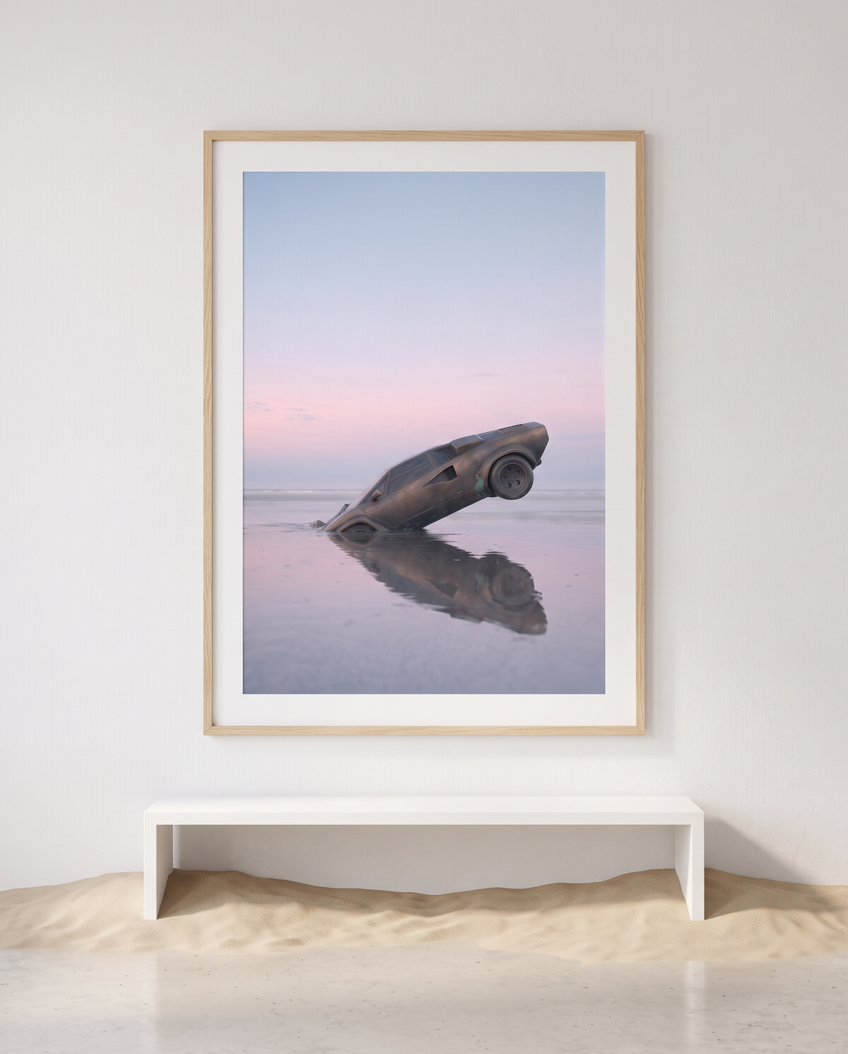 NOSTOS 01 in an oak frame above a white bench, sand drifting across the floor