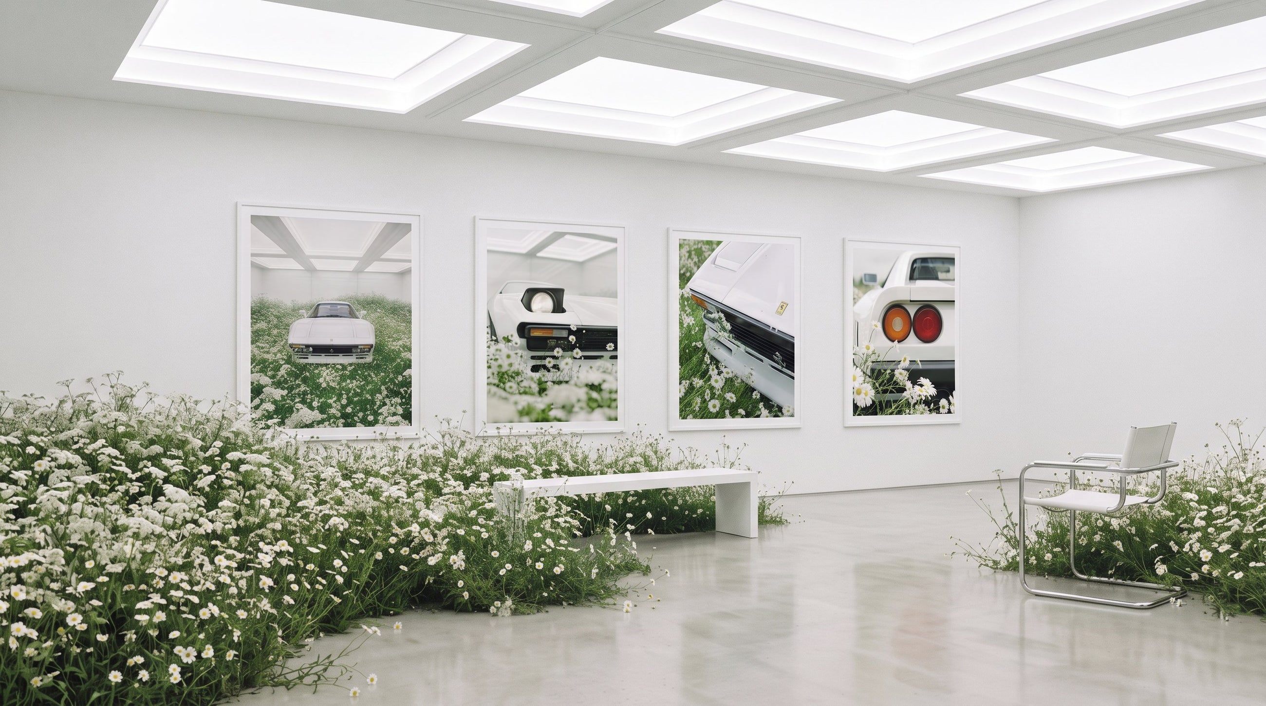 The four WHITE prints framed in a white room where a meadow of white daisies grows across the floor