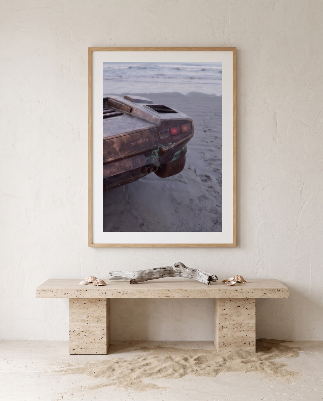 NOSTOS 02 in an oak frame above a travertine console with driftwood