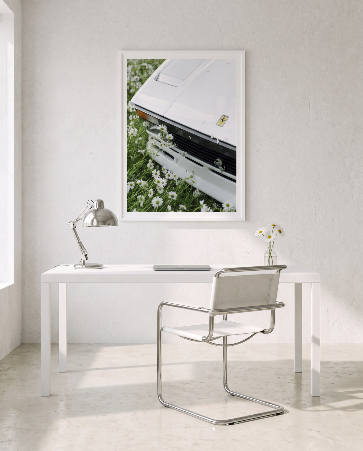 WHITE 03 framed above a white desk