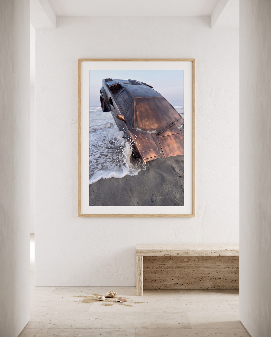 NOSTOS 04 in an oak frame in a hallway above a travertine bench