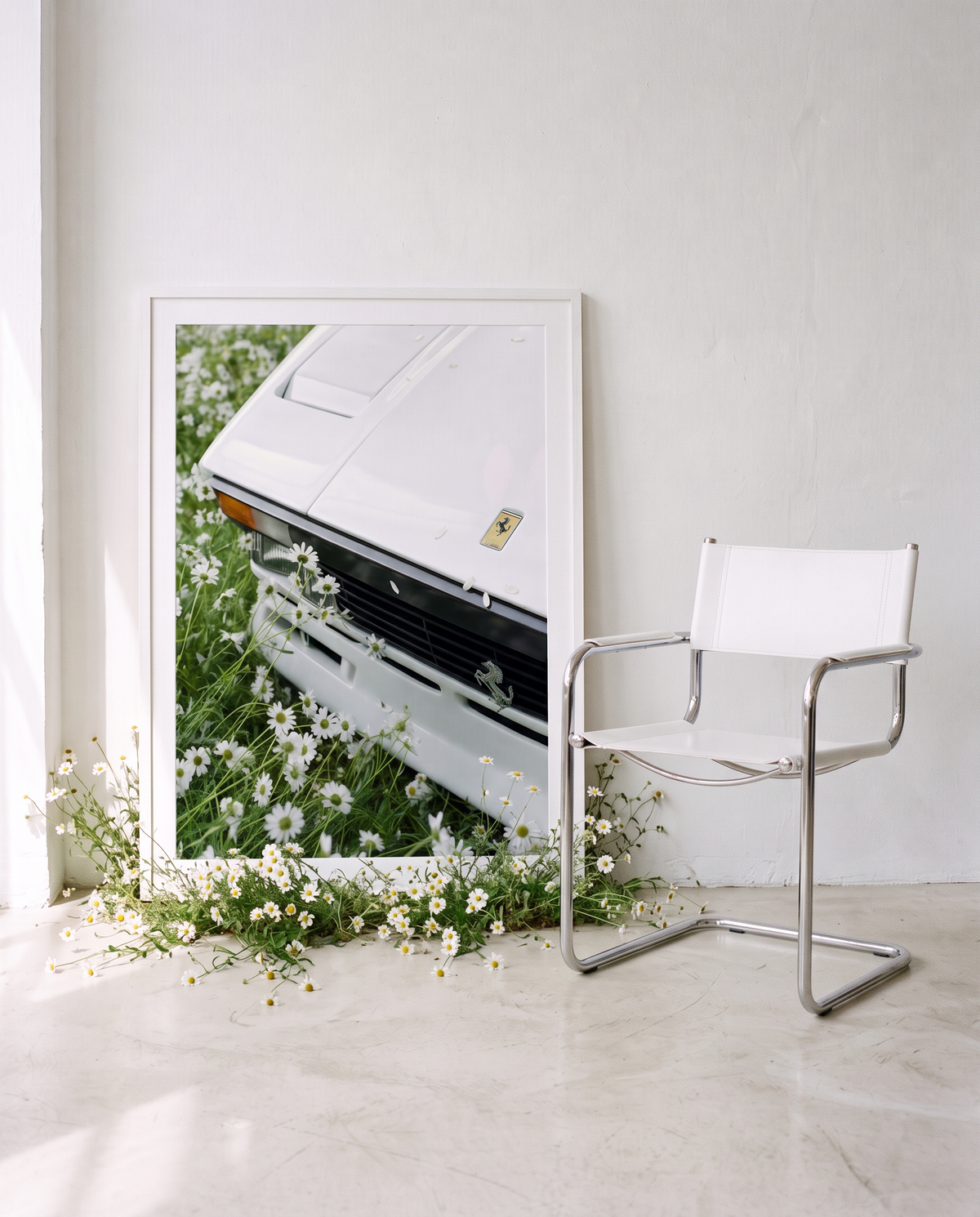 WHITE 03 framed, leaning against a wall with daisies growing at its foot, beside a chrome chair