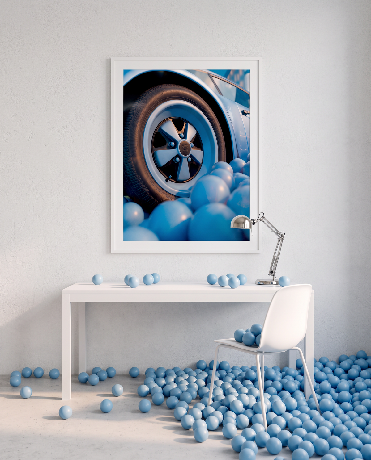 AZUR 04 framed above a white desk, blue balls spilling from the desk onto the floor