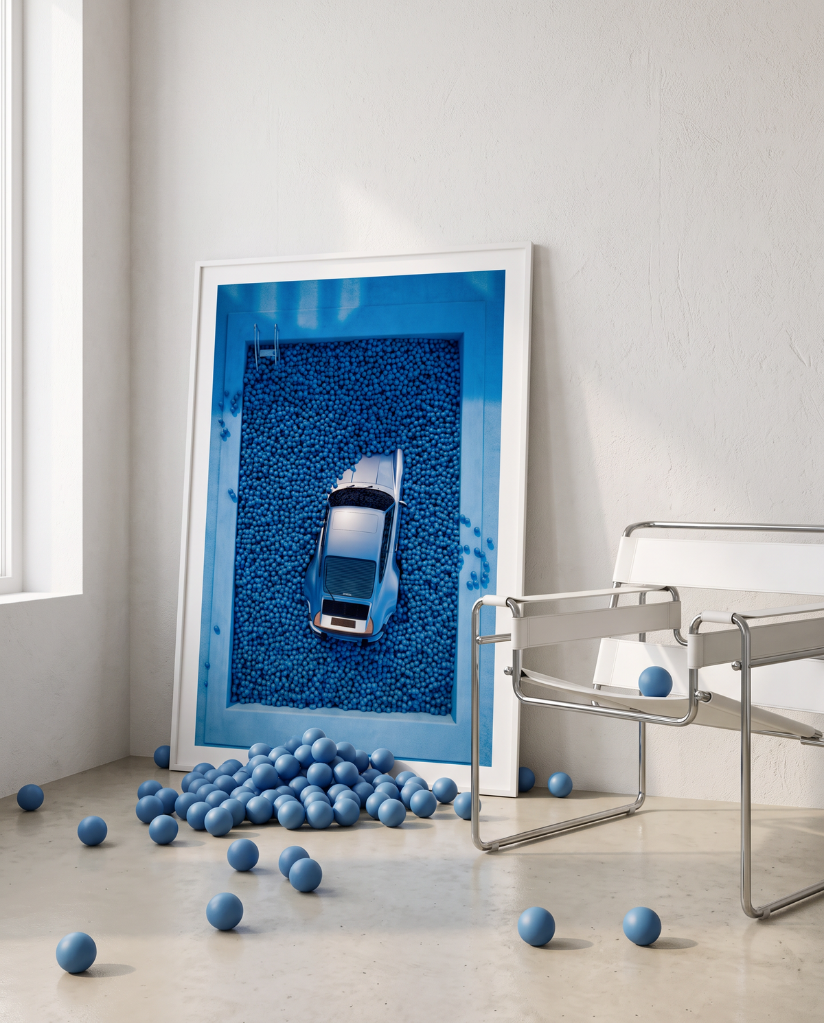 AZUR 02 framed, leaning against a wall beside a chrome chair, blue balls at its foot
