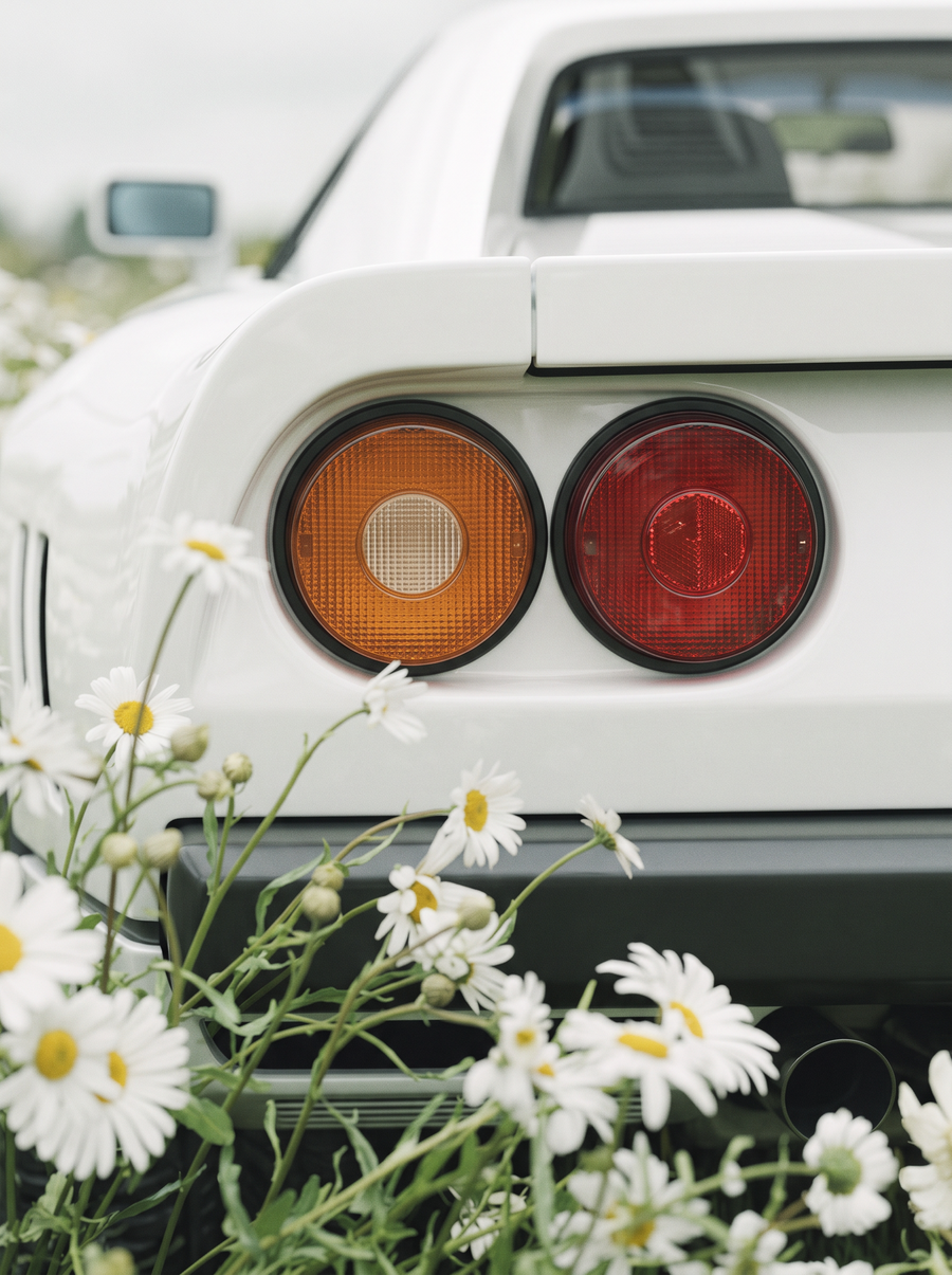 WHITE 04, the two round tail lights of the white car, amber and red, among white daisies