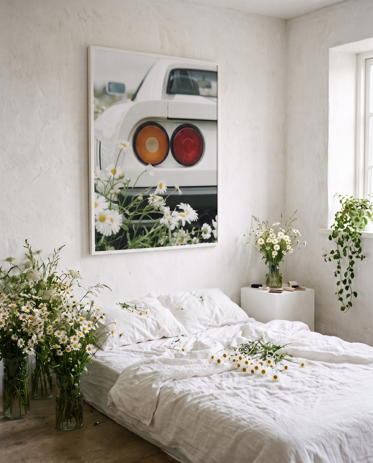 WHITE 04 framed above a bed, with vases of white daisies around the room