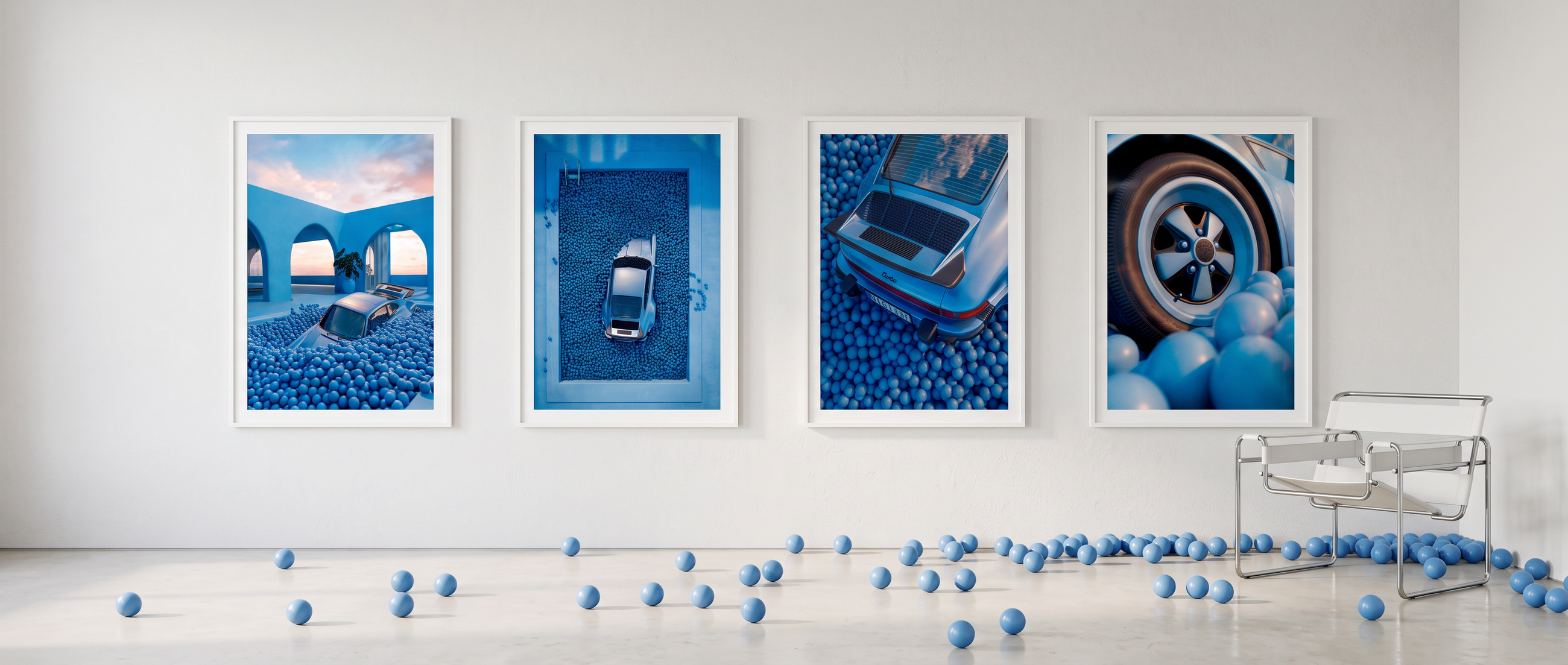 The four prints of N°01 — Nostalgie Azuréenne framed on a white wall