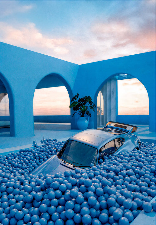 AZUR 01, a blue classic car sinking into a pool of blue balls in a blue villa at sunset