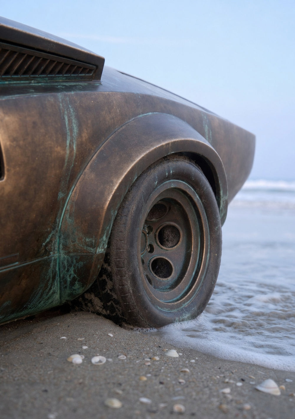NOSTOS 03, a bronze wheel and arch streaked with verdigris, at the edge of the water