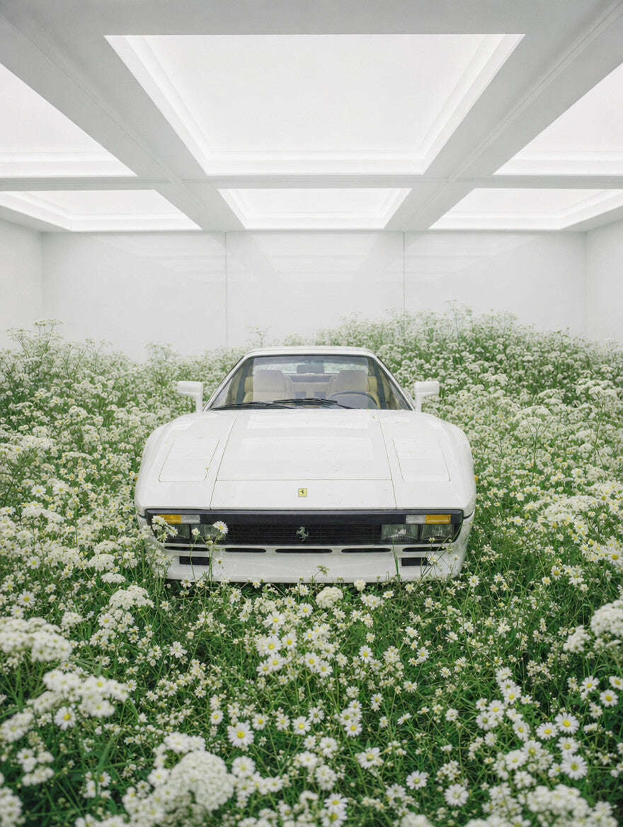 WHITE 01, a white sports car facing the camera in a room filled with white flowers