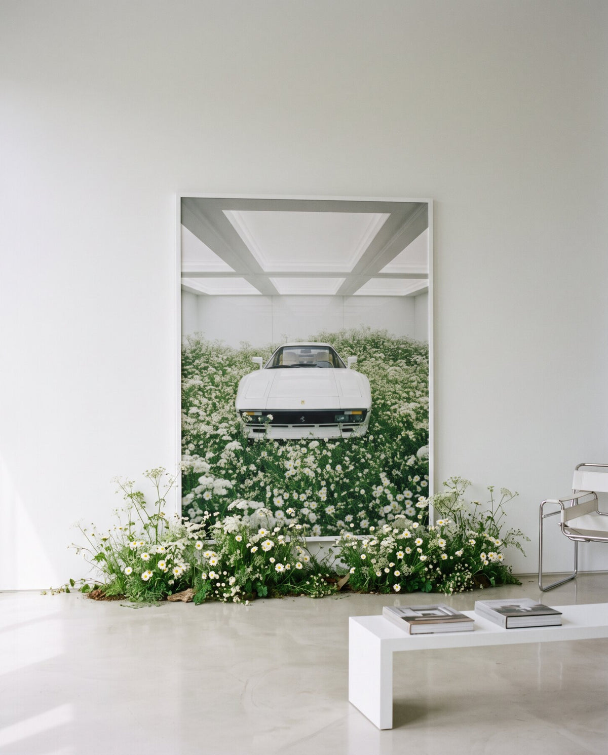 WHITE 01 framed on a white wall with daisies growing at its foot