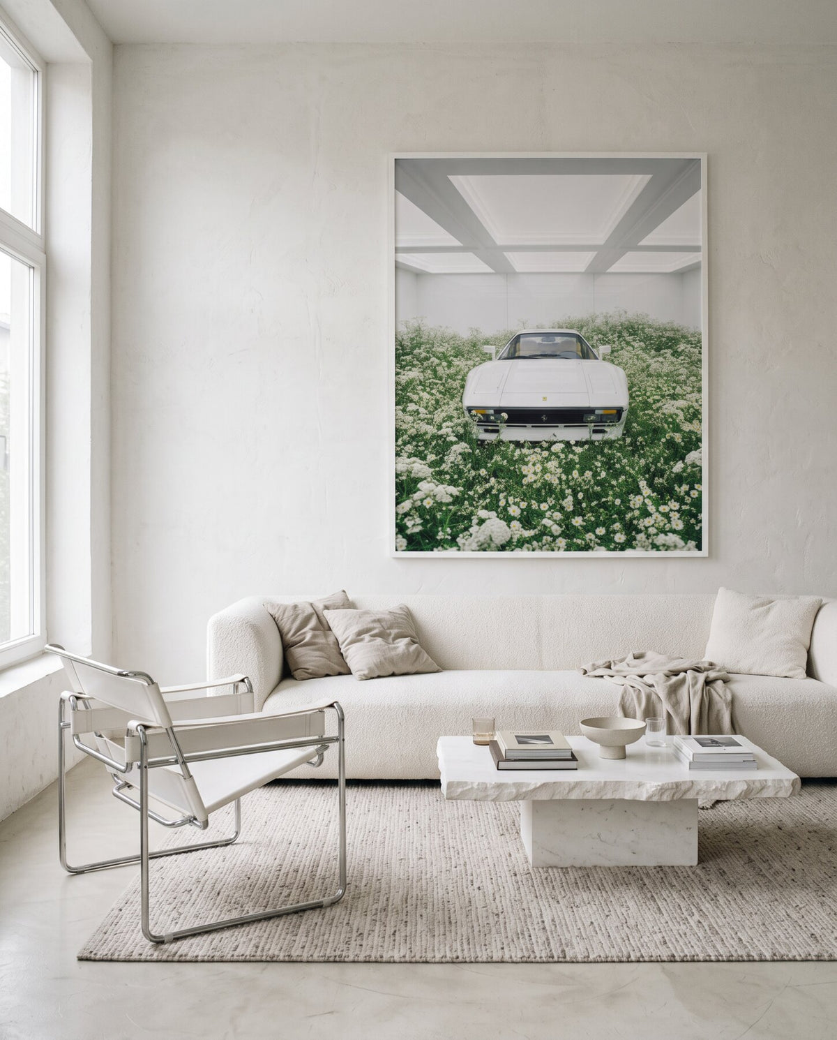 WHITE 01 framed above a white sofa